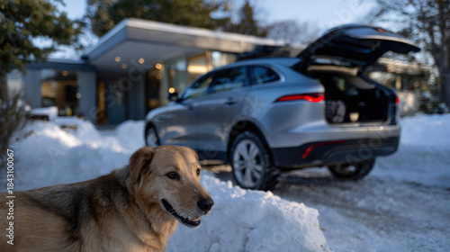 A dog stands in the snow while a vehicle is parked nearby, conveying a sense of winter adventure and companionship in a picturesque outdoor setting.