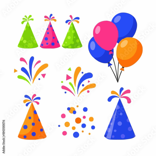 Colorful party hats balloons and confetti elements for birthday celebrations