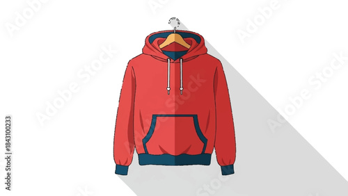 Bright red hooded sweatshirt with blue trim hanging on a wooden hanger against a clean white background featuring a long shadow