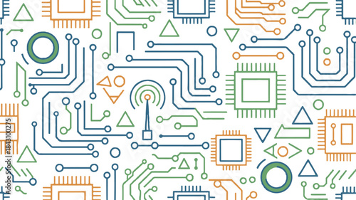 Seamless digital technology pattern featuring abstract circuit board traces microchips and communication icons on a dark background