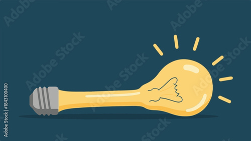 Glowing incandescent light bulb lying horizontally against a dark blue background symbolizing a brilliant new idea or innovation concept