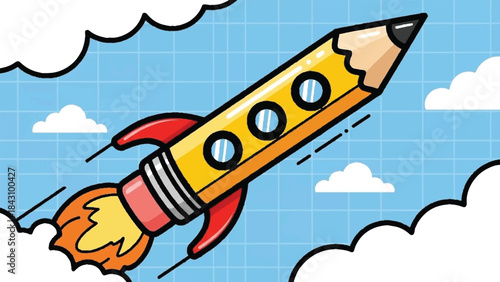 Creative pencil rocket launching upward through blue sky clouds symbolizing education startup growth and fast learning concepts