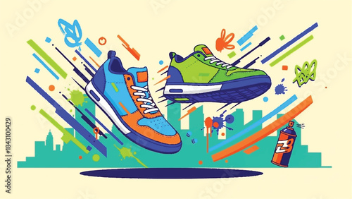 Dynamic digital illustration featuring two vibrant athletic sneakers leaping above a stylized urban cityscape with graffiti elements