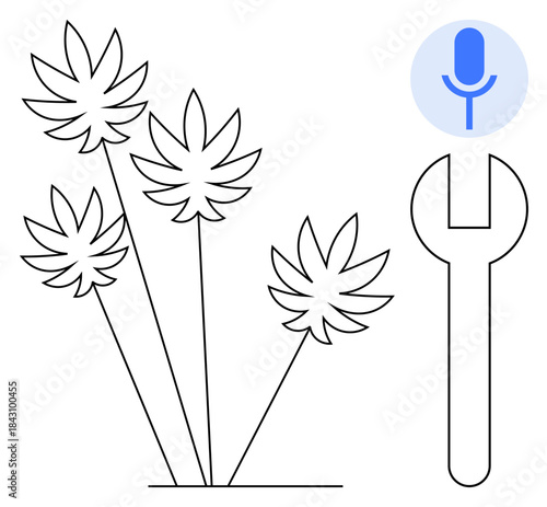 Voice technology, agriculture, cannabis industry, automation, mechanical tools, repair. Cannabis leaves, microphone icon and wrench. Voice technology and agriculture concept