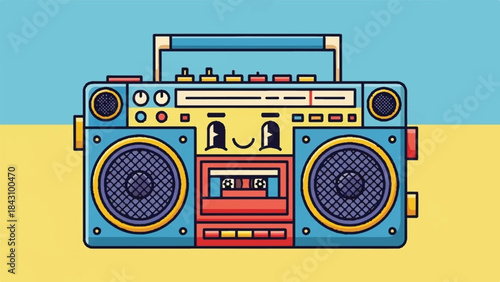 Cute cartoon retro boombox illustration with a happy face set against a bright blue and yellow background design