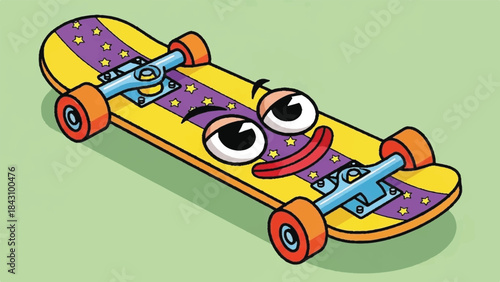 Cute cartoon skateboard character with big eyes and a happy smile on a light green background for children's design