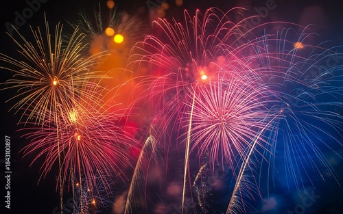 A vibrant display of colorful fireworks illuminating the night sky