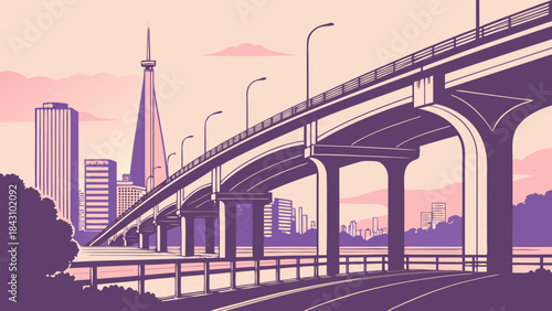 Seoul skyline with a large bridge overhead at dusk light. Suitable for travel brochures, city guides, and urban development presentations.