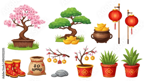 Chinese New Year Decorations and Symbols Illustration