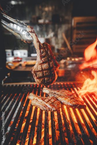 grilled meat on the grill fresh lamb chop