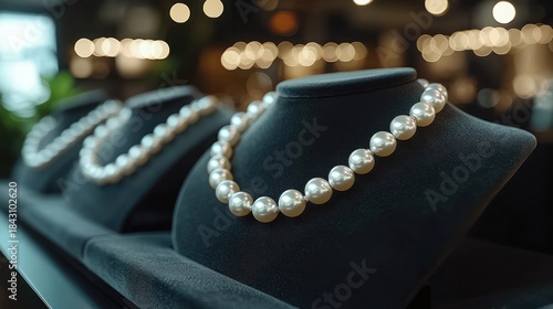 Pearl necklaces on velvet display stands