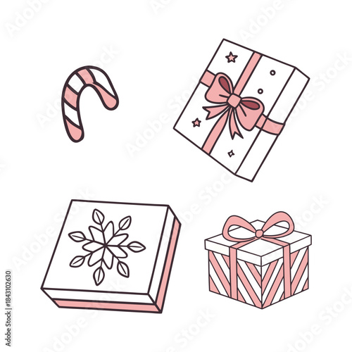 Cute hand drawn christmas presents and candy cane illustration