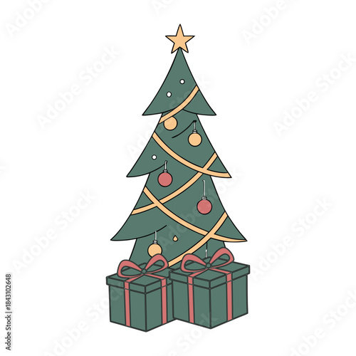 Festive christmas tree with presents and ornaments on white background