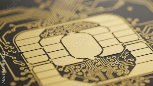 Close-up of a Gold Circuit Board with Detailed Microchips and Connections for Technology and