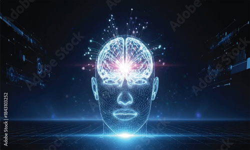 Artificial intelligence brain glowing with light rays advanced computing power.