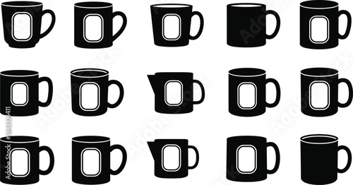 Collection of Fifteen Black and White Silhouette Icons Featuring Various Coffee Mugs, Cups, and Teacups with Handles and Blank Label Areas, Isolated Vector Set.