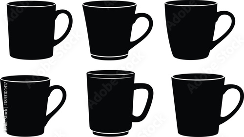 Black coffee mug silhouettes set, isolated black cups collection on white background, minimalist drinkware clipart for cafe branding, print