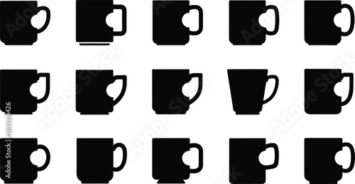 Black coffee mug silhouette icons set, minimalist black square cup collection on white background, vector drinkware clipart for cafe branding
