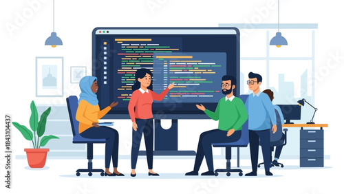 Illustration of a diverse team collaborating on coding projects in front of a large computer screen with a sparkle effect and transparent background.