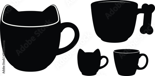 Cute cat mug silhouette and dog bone handle cup icons set, black animal themed coffee cups clipart, minimalist pet lover drinkware design