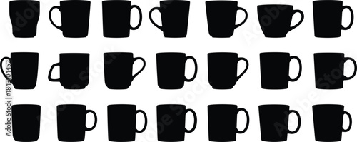 Extensive Collection of Twenty-One Black Silhouette Icons Showcasing Various Styles and Shapes of Coffee Mugs and Cups with Handles, Isolated Vector Set.