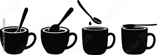 Coffee cup and spoon silhouette icons set, black tea mug clipart of stirring and mixing sequence, minimalist drinkware vector for cafe design