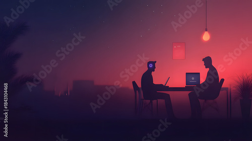 Two Silhouetted Figures Collaborate on Laptops at Night Illuminated by a Single Hanging Bulb.