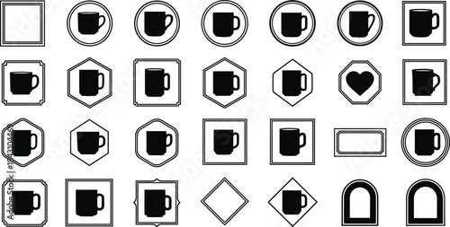 Coffee mug frame silhouette icons set, black cup badges in geometric shapes, minimalist drinkware labels clipart for cafe branding and packaging