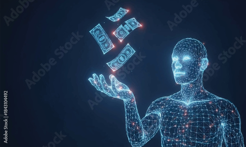 Futuristic digital currency falling into an artificial intelligence hand for financial growth.