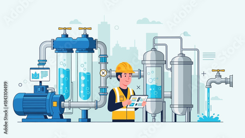 Illustration of an industrial worker in a yellow hard hat and vest checking a tablet amidst industrial filtration equipment with pipes and machinery in a factory setting.