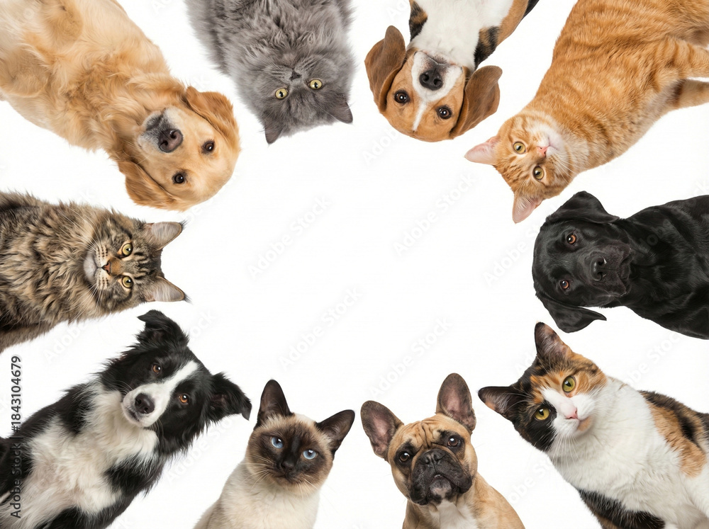 Obraz premium Group of diverse dogs and cats looking down in a circle on white background. Cute pets arranged in a ring frame with copy space in center for text.