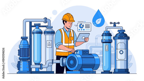 Illustration of a worker in an orange vest checking a tablet amidst industrial water filtration equipment with a sparkle and transparent effect.
