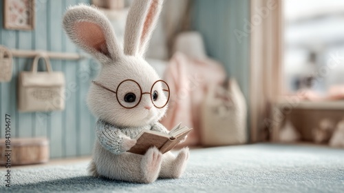 Cute bunny reading a small book in a cozy indoor space during daylight