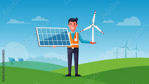 Illustration of a worker holding a solar panel and wind turbine model in a green landscape with renewable energy infrastructure.