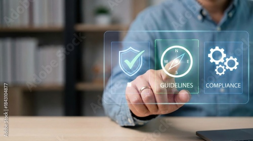 Hand interacts with a digital compliance and guidelines interface. AI Ethical Technology concept