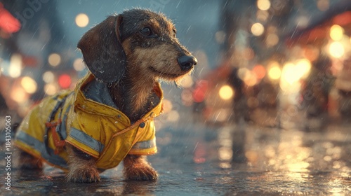 Fototapeta Naklejka Na Ścianę i Meble -  Dog in yellow raincoat walks in rain on city street during evening