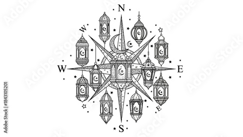 Ornamental celestial compass rose featuring crescent moon stars and hanging lanterns