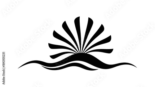 Stylized sun rising over ocean waves minimalist black graphic logo