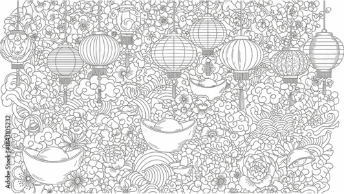 Intricate lunar new year lanterns peonies and decorative floral line art coloring page