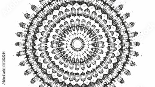 Intricate black and white radial mandala pattern with ornate repeating elements