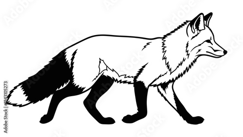 Detailed monochrome fox illustration walking in profile with stylized fur