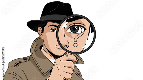 Detective illustration with magnifying glass over eye symbolizing investigation and curiosity