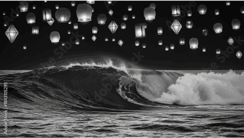 Night ocean wave illuminated by floating sky lanterns in poetic seascape