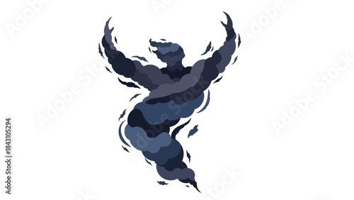 Surreal swirling smoke figure forming a dynamic human silhouette in motion