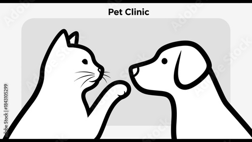 Minimal pet clinic illustration of cat and dog in black and white line art