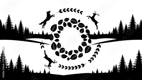 Symmetrical black and white woodland wreath with leaping deer and foxes