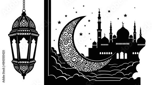 Elegant Islamic Ramadan crescent moon mosque lantern silhouette night celebration