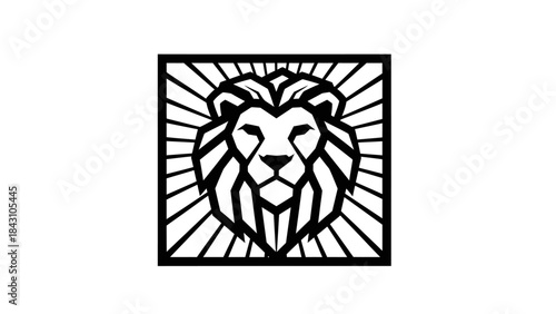Geometric lion head emblem in black and white with radial rays