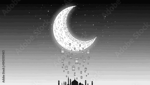 Ramadan crescent moon above mosque silhouette with hanging lanterns in a starry night