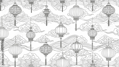 Intricate traditional chinese lanterns and cloud pattern line art design